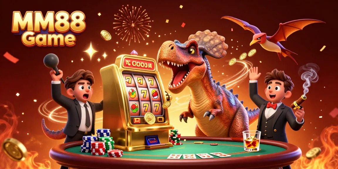 Experience the excitement of MM88 Game with a cartoon dinosaur winning jackpots amidst colorful casino elements.