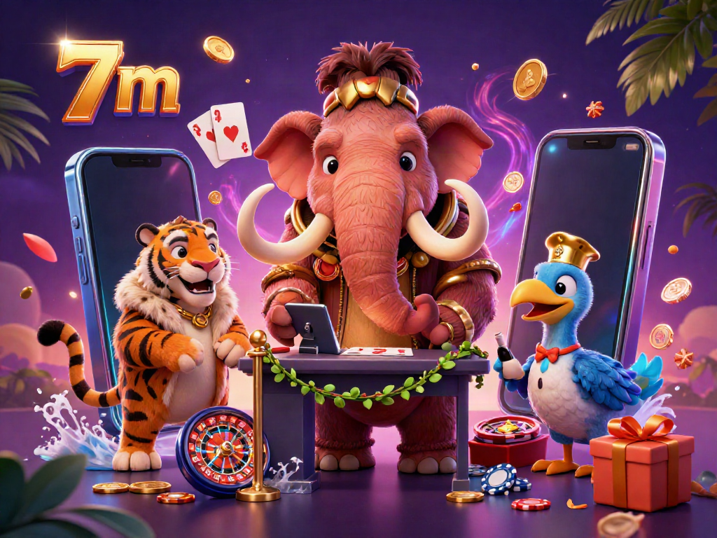 Engage with 7 m casino excitement featuring a woolly mammoth bouncer, saber-tooth tiger VIP, and dodo doorman in a lively atmosphere.