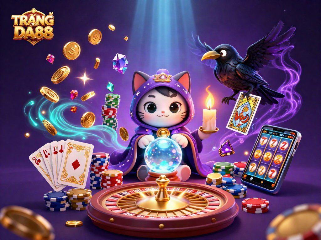 Engage with TRANG CHỦ DA88 as the mystic cat and raven unfold a mesmerizing gaming adventure.