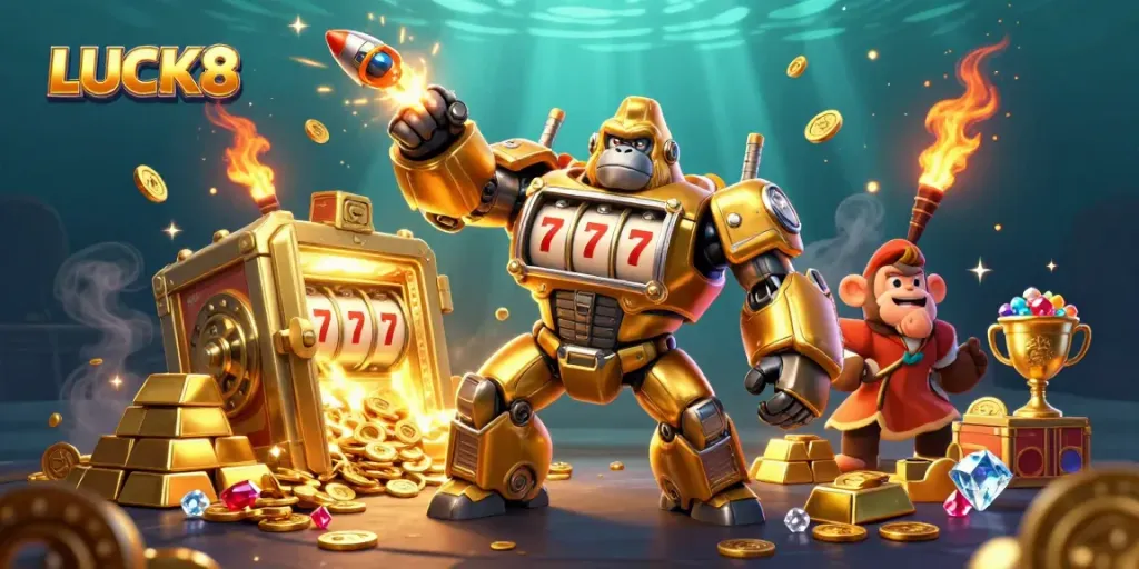 LUCK8 online casino illustration with dynamic golden gorilla mech and treasure vault bursting with riches