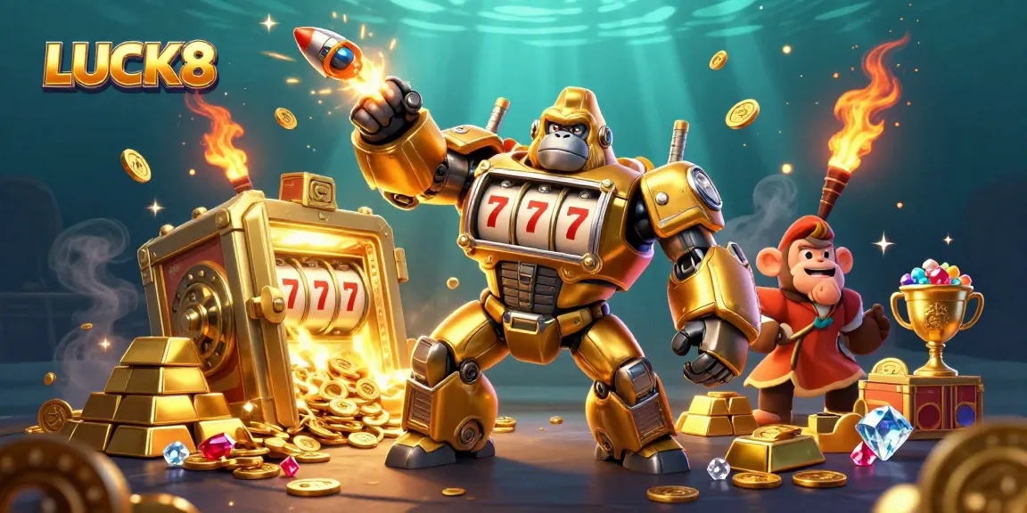 LUCK8 online casino illustration with dynamic golden gorilla mech and treasure vault bursting with riches