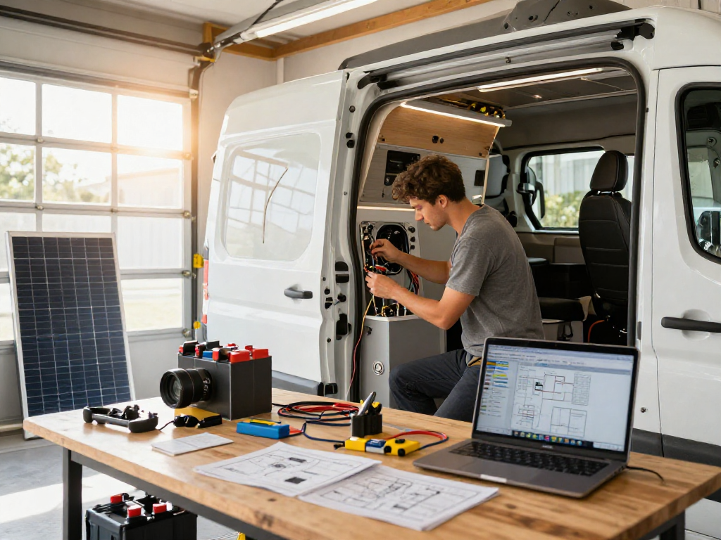 Skilled technician enhancing campervan electrics with rokok88 slot login resources in a bright workshop.