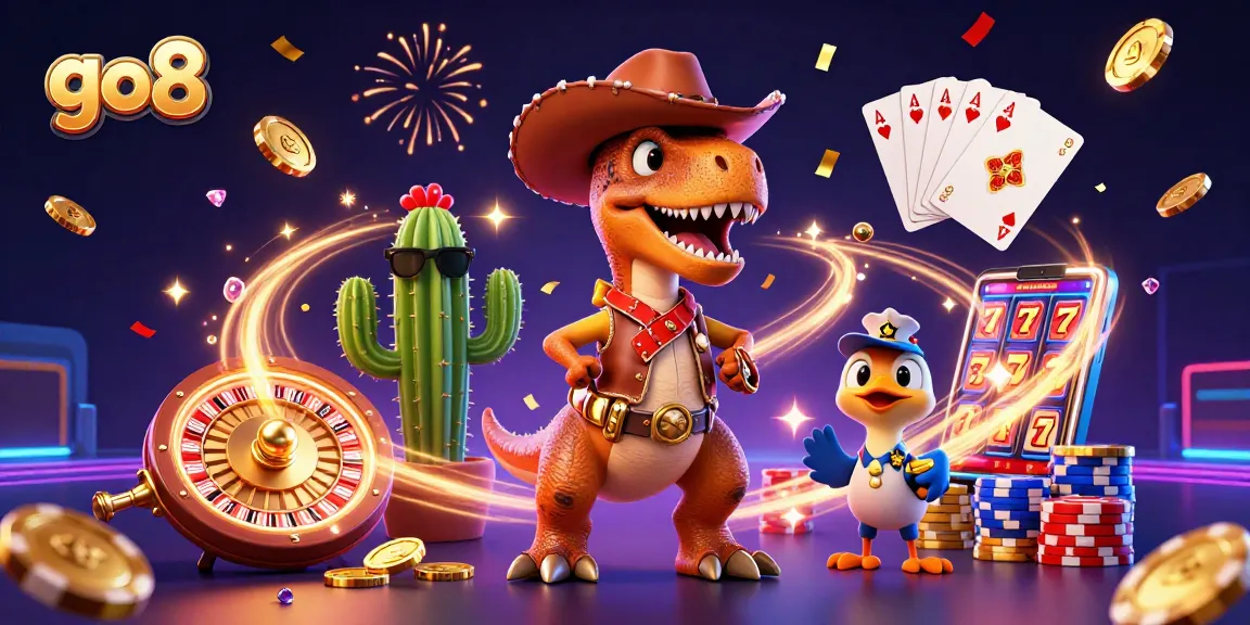 Engage in thrilling gambling at go8 with a vibrant 3D scene featuring a cowboy T-Rex and sparkling casino elements