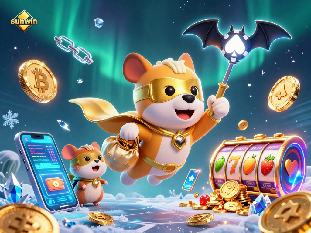 Win big with sunwin in a lively 3D casino scene filled with animated characters and slot elements.