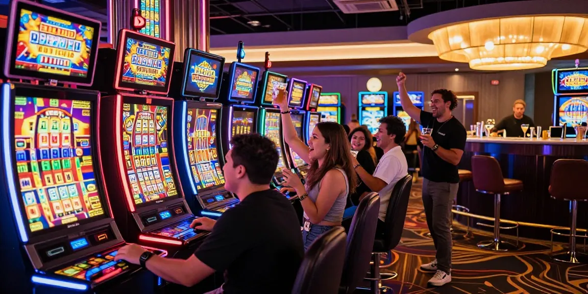 Players enjoying the excitement of slot gacor machines in a lively casino atmosphere with vibrant lighting and celebratory energy.