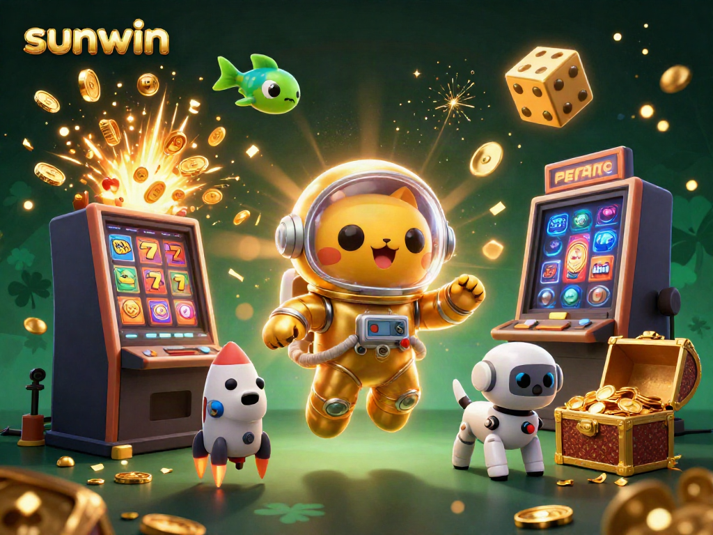 Experience thrilling wins with Sunwin in this vibrant 3D casino scene featuring a lively cat astronaut!