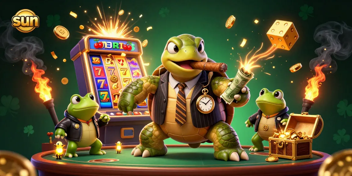 Experience thrilling wins with Sun as a vibrant casino scene bursts with action, featuring whimsical characters and slot machines.