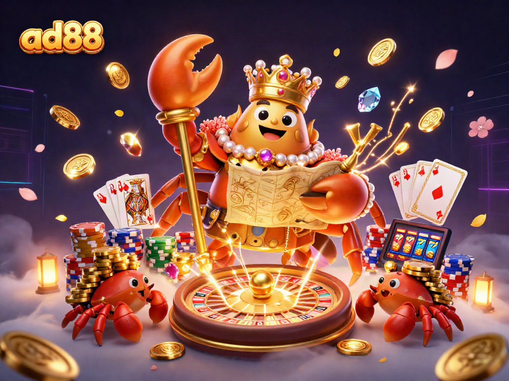 ad88 game players celebrate wins featuring a golden crab emperor surrounded by treasure and casino elements.