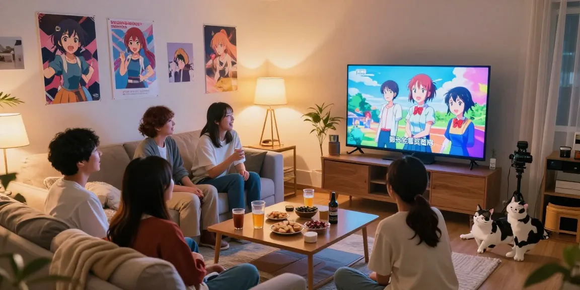 Enjoying Anime Sub together, friends in a lively living room while watching anime.