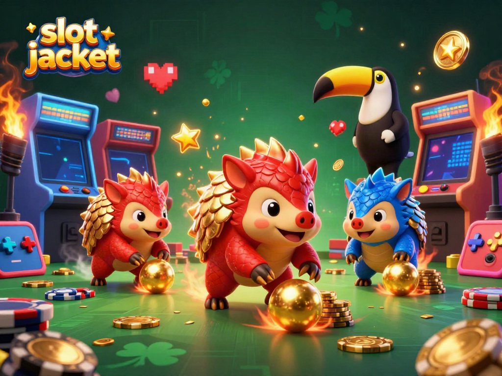 Experience the thrill of slot jackpot games with colorful pangolins and arcade elements in a vibrant 3D illustration.