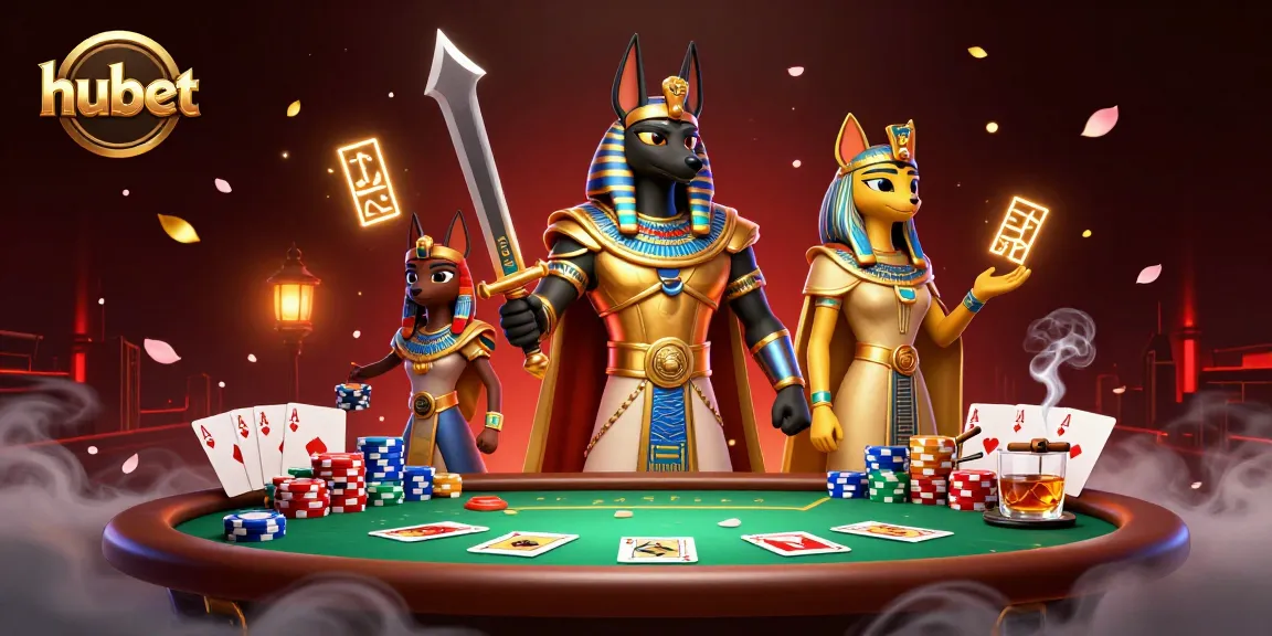 Win exciting poker battles with hubet at a vibrant casino scene featuring Anubis and Bastet.