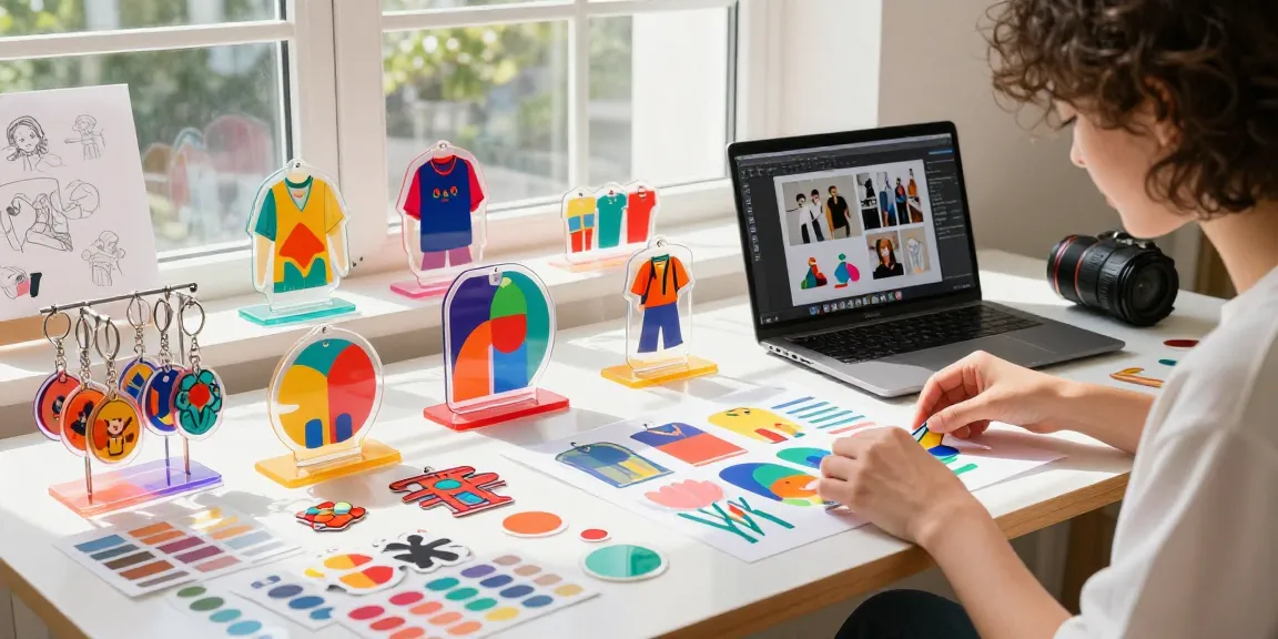 Custom acrylic standee designs being arranged in a vibrant workspace, showcasing creative e-commerce retail.
