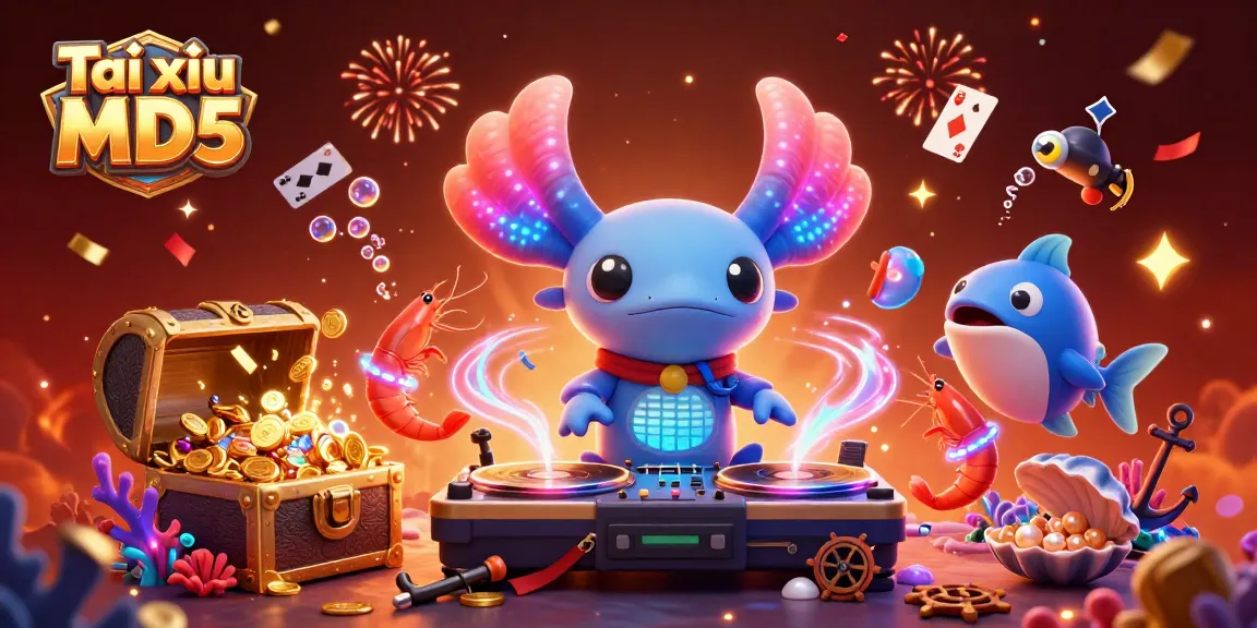Tài xỉu MD5 presents a vibrant underwater casino party with an axolotl DJ and lively shrimp dancers.