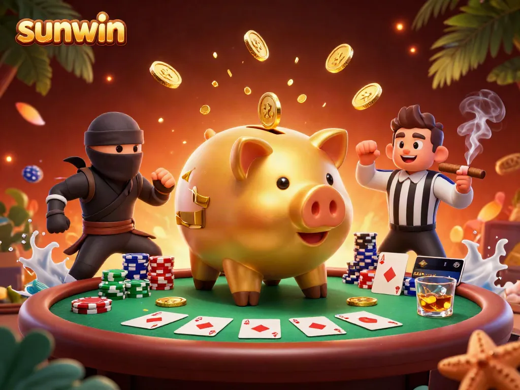 Enjoy thrilling moments at Sunwin with a dynamic 3D illustration of a piggy bank sumo wrestler and gaming action.