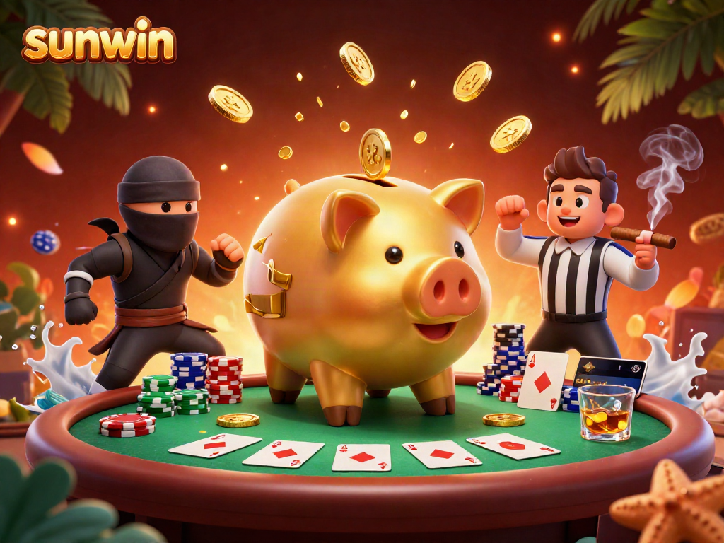 Enjoy thrilling moments at Sunwin with a dynamic 3D illustration of a piggy bank sumo wrestler and gaming action.