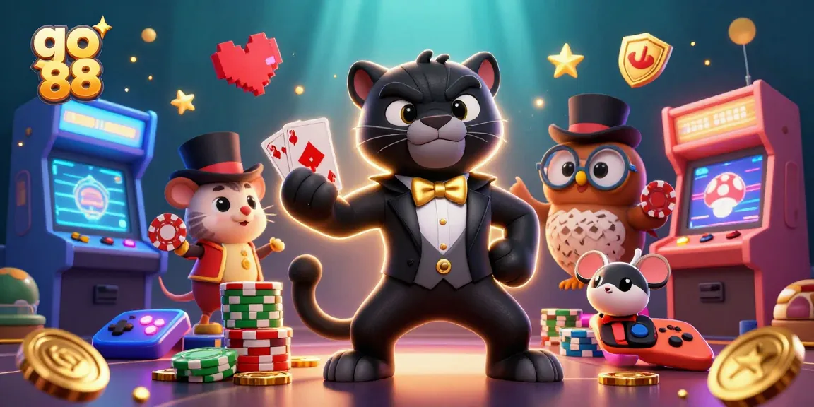 Engage in thrilling go 88 casino action with stylish characters, golden sparkles, and vibrant gaming elements.