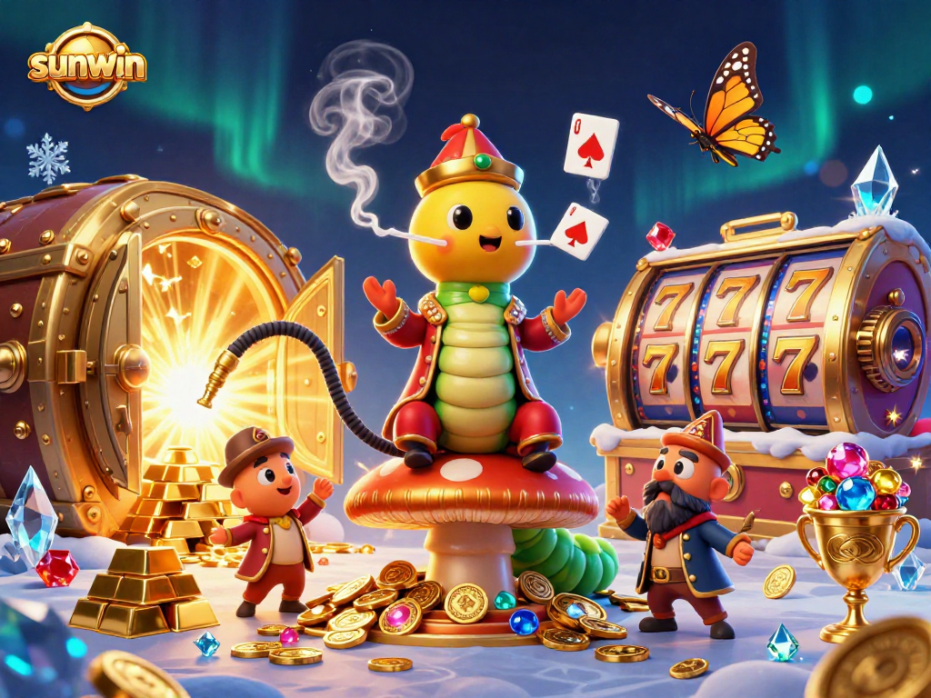 Experience the magic of sunwin with a vibrant depiction of a hookah-master in a casino scene, celebrating winnings.