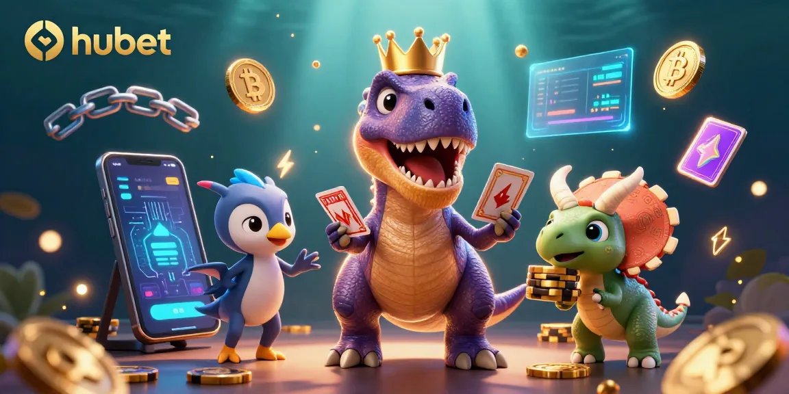 Bet on hubet with a T-Rex card dealer and neon crypto casino elements.