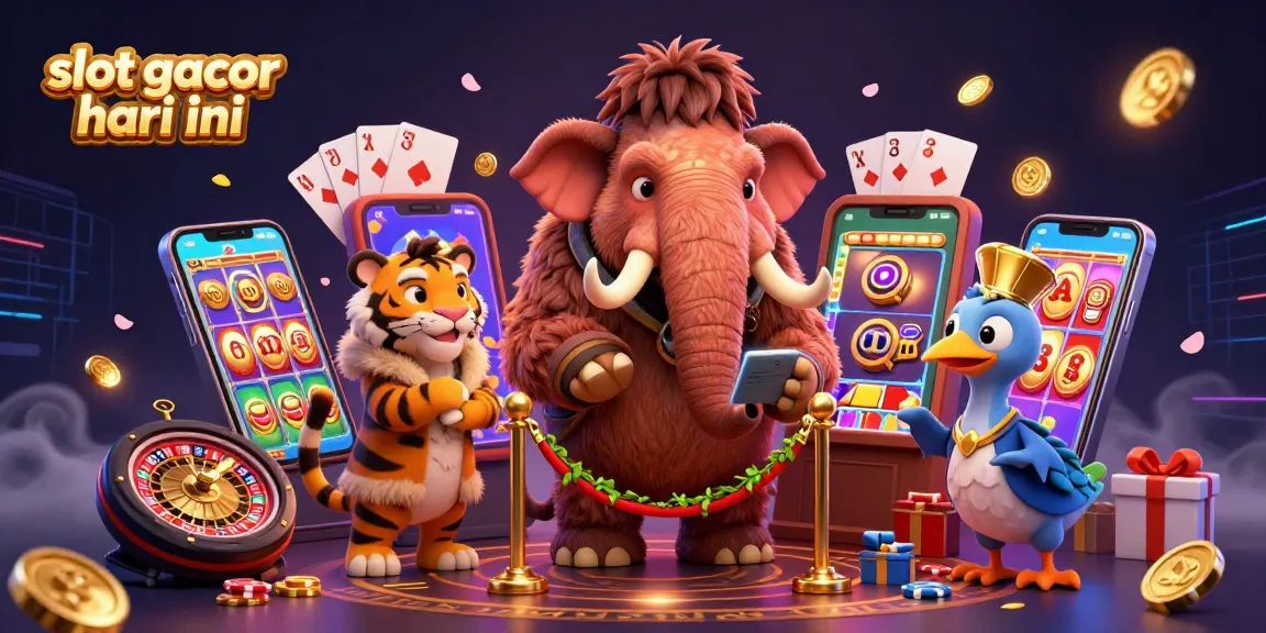 Win big with slot gacor hari ini featuring a woolly mammoth and exciting game elements in a vibrant casino scene.