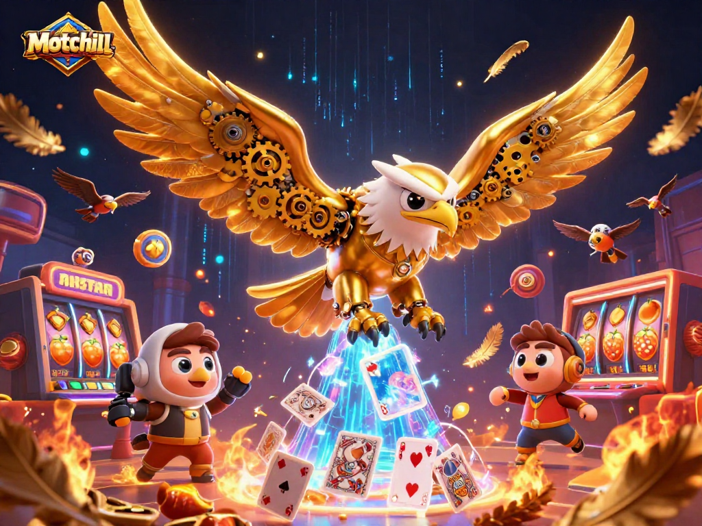Experience the thrill of Motchill as a cybernetic eagle soars through a vibrant casino adventure.
