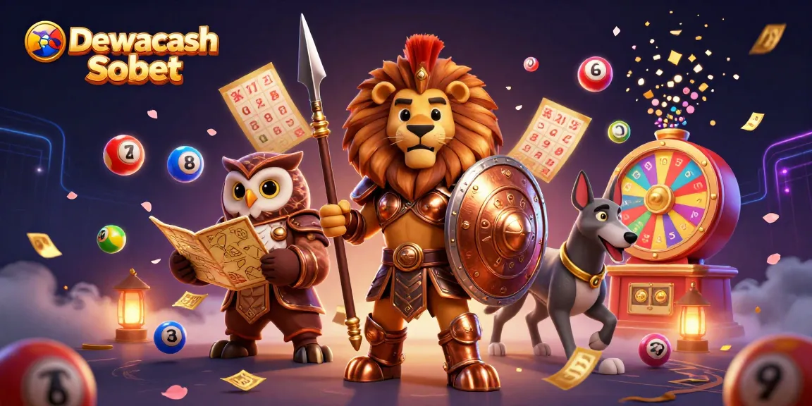 Dewacash Sbobet showcases a dynamic 3D scene with a Spartan lion and colorful lottery elements, illustrating thrilling betting action.