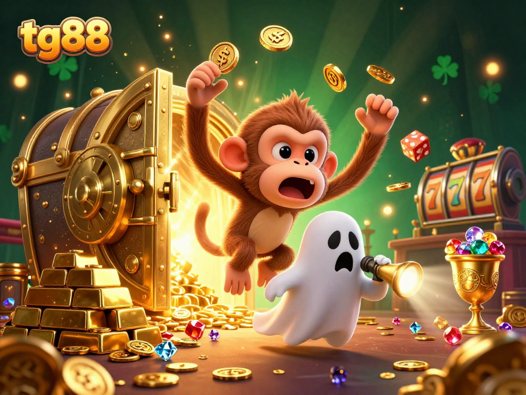 Experience thrilling wins with tg88 at a haunted casino, showcasing playful characters and gleaming treasures.