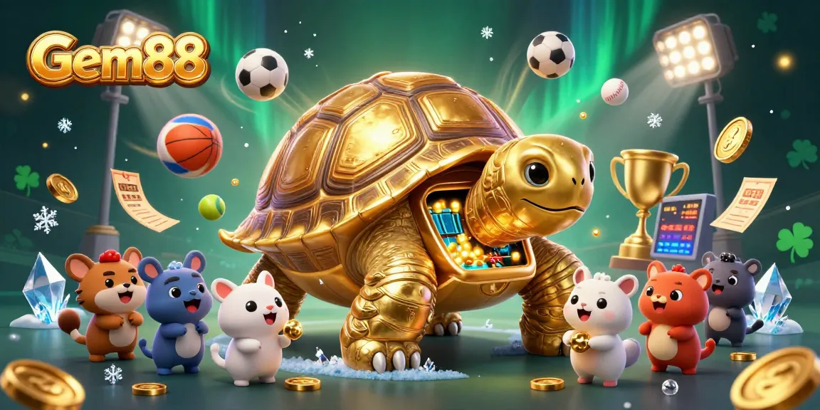 Spin to win with Gem88's thrilling golden tortoise pinball machine, dazzling sports-themed scene.
