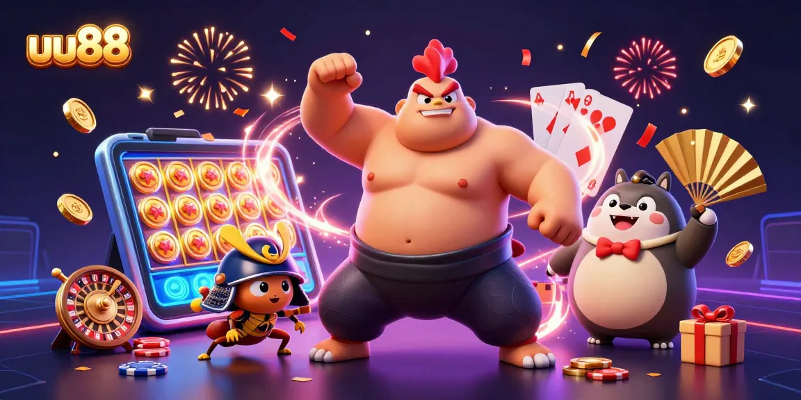 uu88 offers an exciting online gaming experience with a vibrant scene of casino elements and dynamic characters.