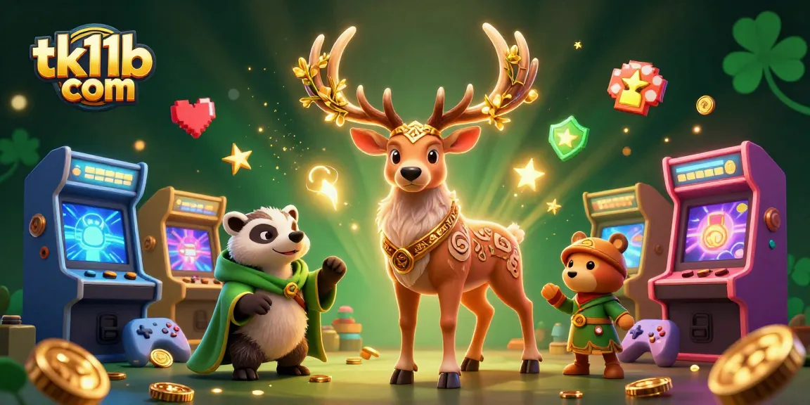 Join the excitement at tk11b com with a vibrant casino scene including a druid stag and immersive gaming elements.