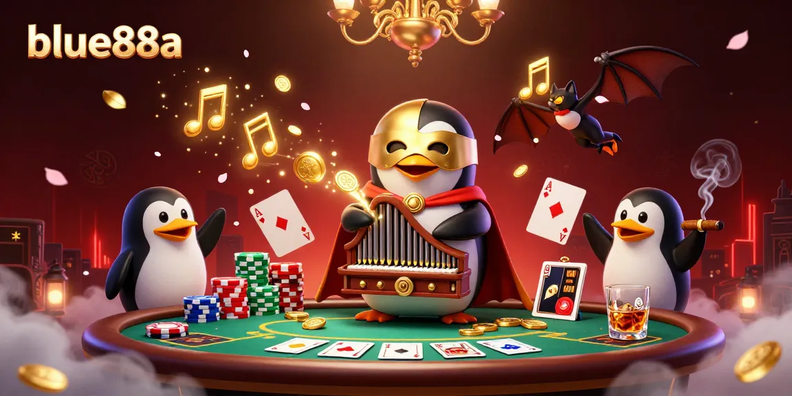 Experience the magical essence of blue88a with a cartoon phantom opera penguin playing for vibrant casino winnings.