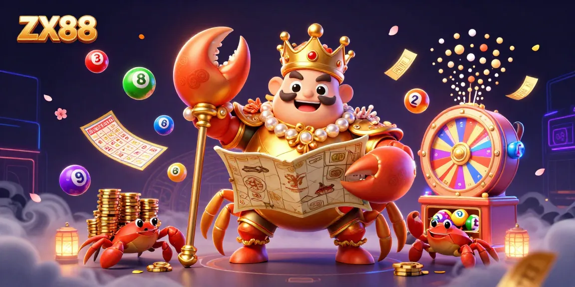 Experience thrilling gameplay at ZX88 with a majestic golden crab emperor, surrounded by lottery elements.