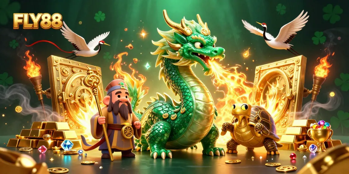 FLY88 players explore a vibrant casino scene with a jade dragon and golden treasures.