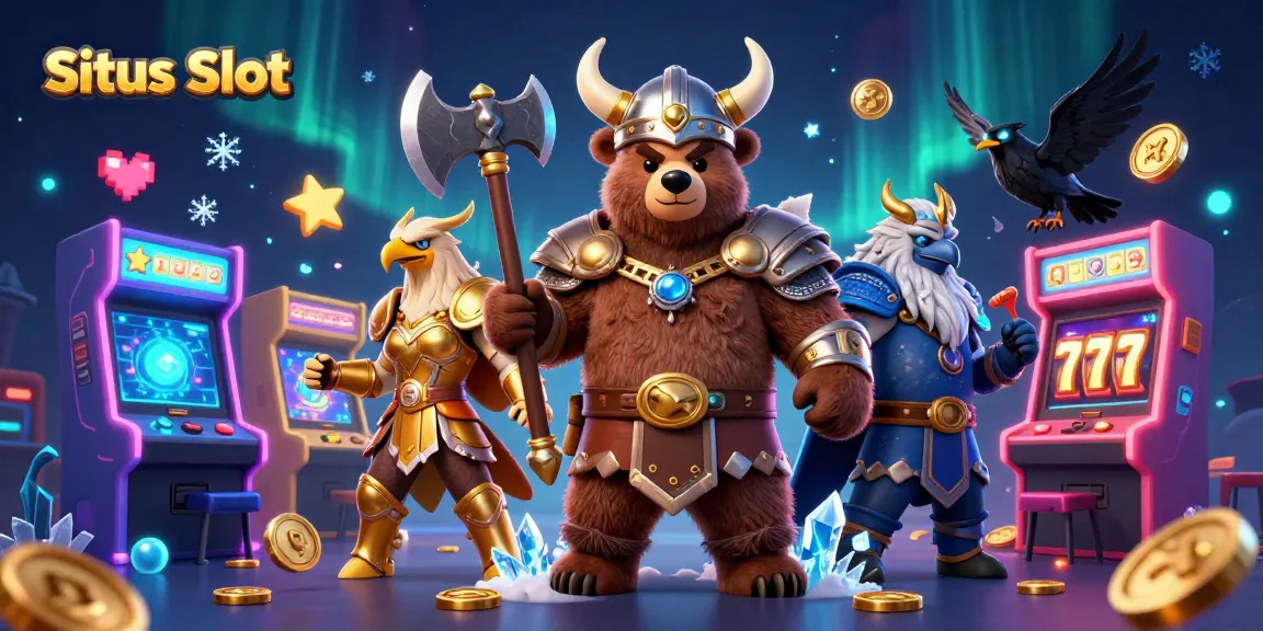 Engage on Situs Slot with vibrant 3D illustration showcasing Viking characters, slots, and gaming excitement.