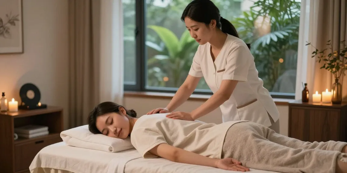 양주출장마사지 scene with a professional therapist providing a soothing massage in a cozy, well-lit apartment.