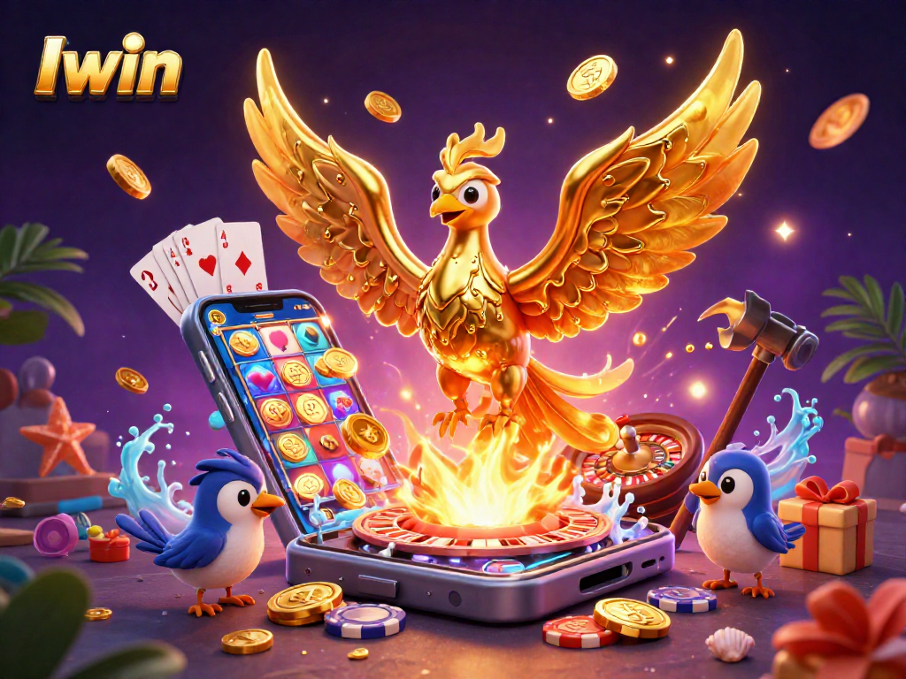 Iwin brings excitement to the casino with a golden phoenix surrounded by dazzling game elements.