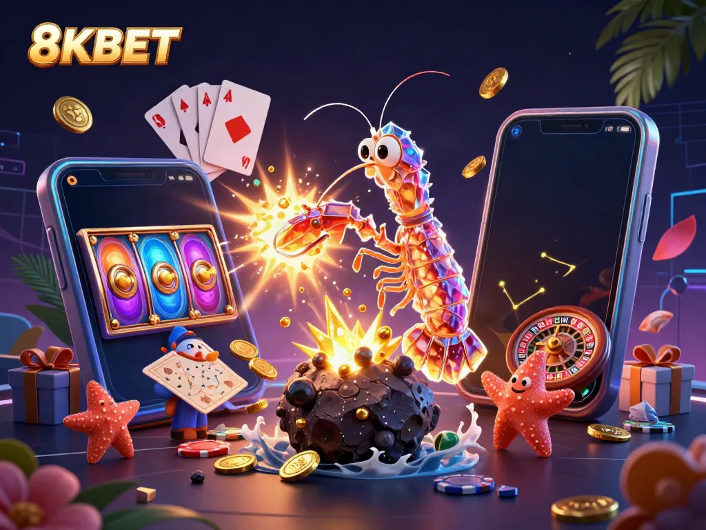 Engage with 8KBET as a galactic samurai mantis shrimp explodes an asteroid into riches, celebrating victory.