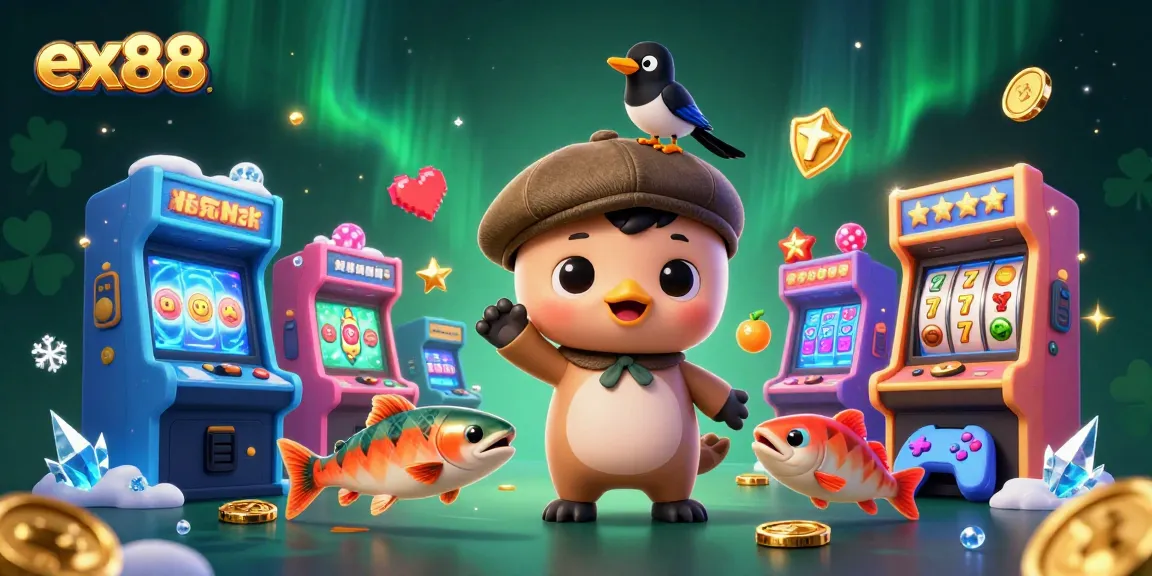 Engage with ex88's vibrant gaming experience featuring Nessie and friends in a lively casino scene.