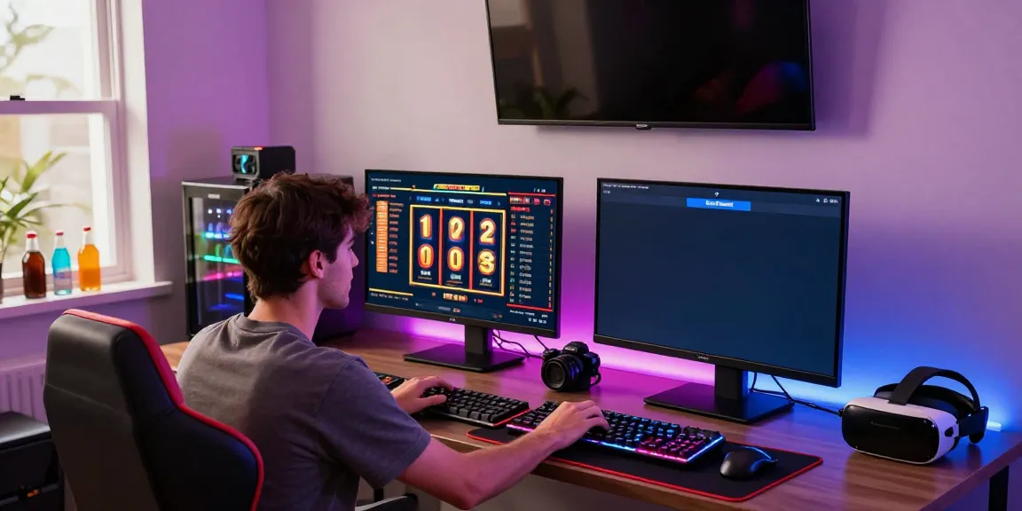 Engaging slot online gaming setup with a focused player at dual monitors, gaming accessories and colorful LED lights.