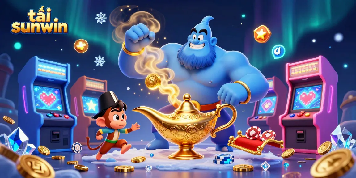 Engage with tải sunwin in an exciting 3D casino scene featuring a genie and games.