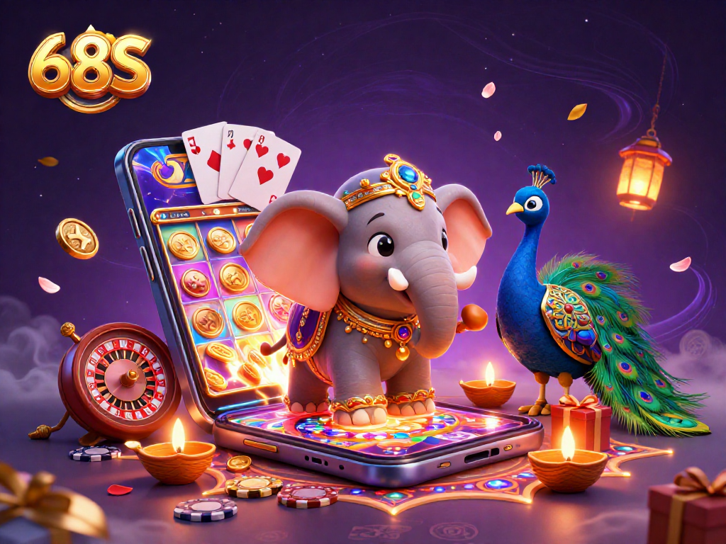 Ilustração 3D detalhada mostrando o elefante Diwali e símbolos de jogos no ambiente vibrante do 68S.