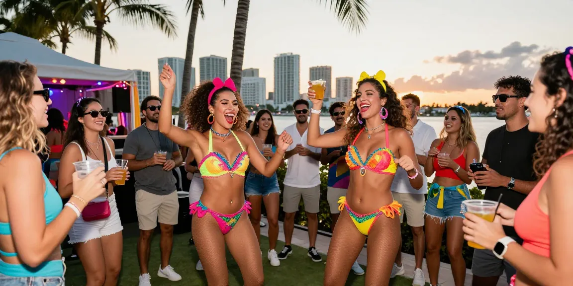 Miami strippers entertaining at a lively bachelor party with amazing skyline backdrop.