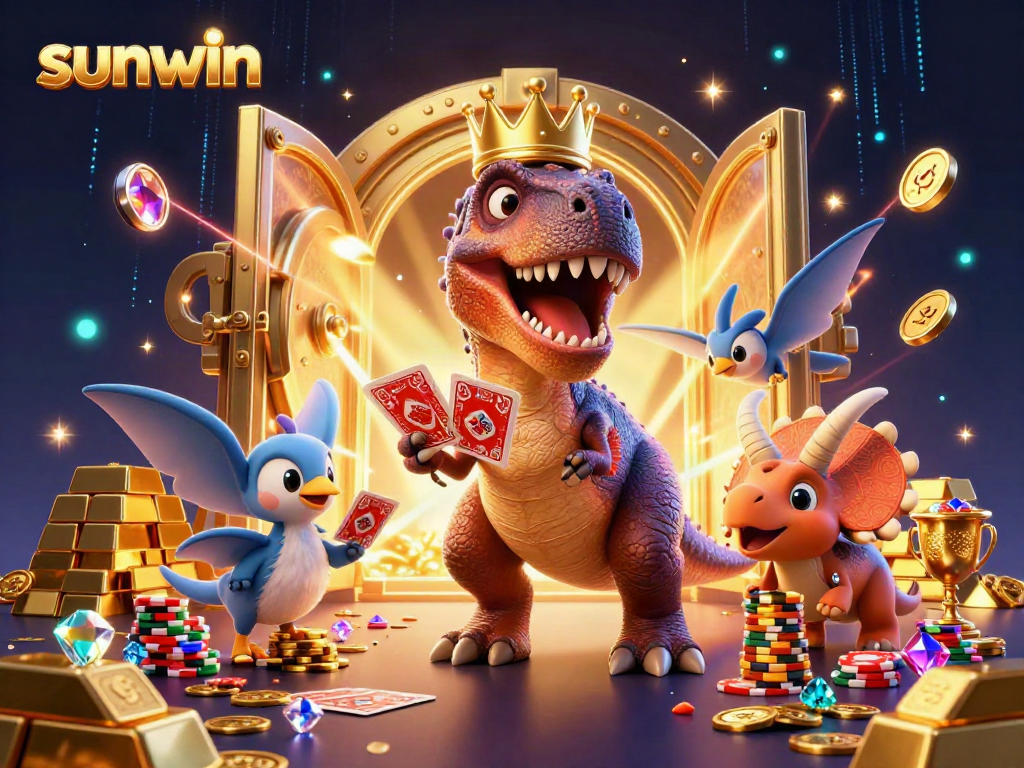 Experience thrilling gameplay at sunwin with engaging characters and vibrant casino elements in a dynamic illustration.