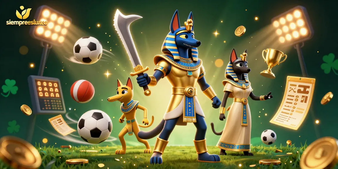Experience casino thrills with siempreeslunes amidst vibrant sports elements and charming Egyptian characters.