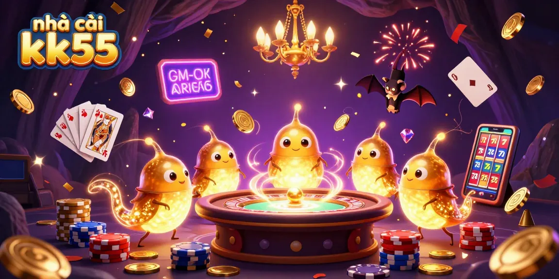 Experience the excitement of nhà cái kk55 with vibrant casino activities and dynamic glowworm characters.