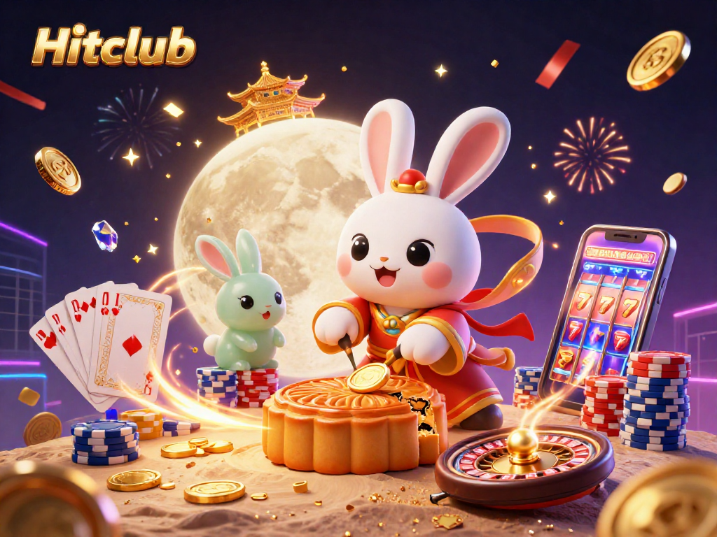Hitclub's moon rabbit celebrates with poker chips and gold coins in this vibrant casino illustration.