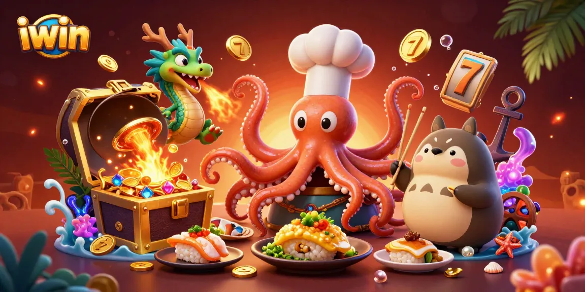 Engage in iwin gaming fun with a vibrant 3D casino illustration featuring unique characters and elements.