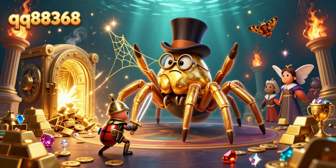 Admire the qq88368 gaming scene featuring a golden tarantula and beetle knight amidst casino treasures.