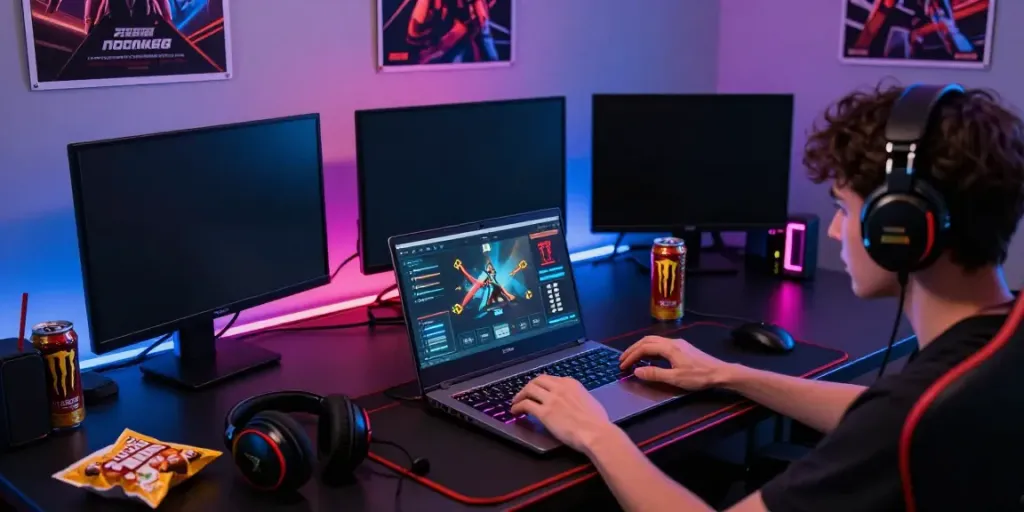 Immersive gaming setup featuring rokok88 apk on multiple screens with vibrant LED lighting and gaming accessories.