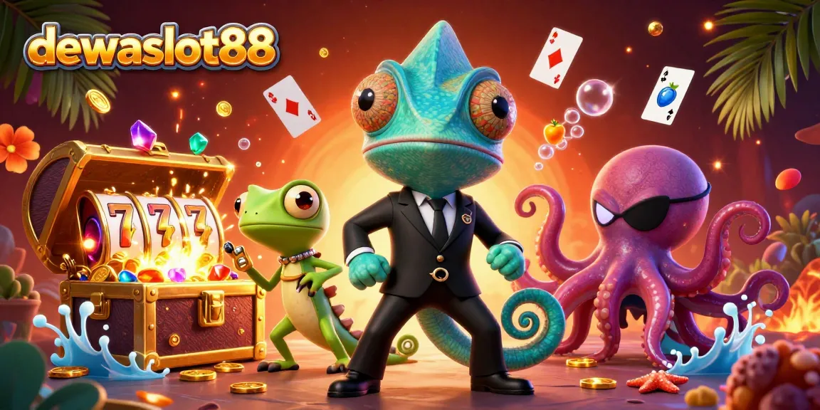 Dewaslot88 menampilkan agen rahasia bunglon, gecko, dan gurita dalam suasana kasino digital.