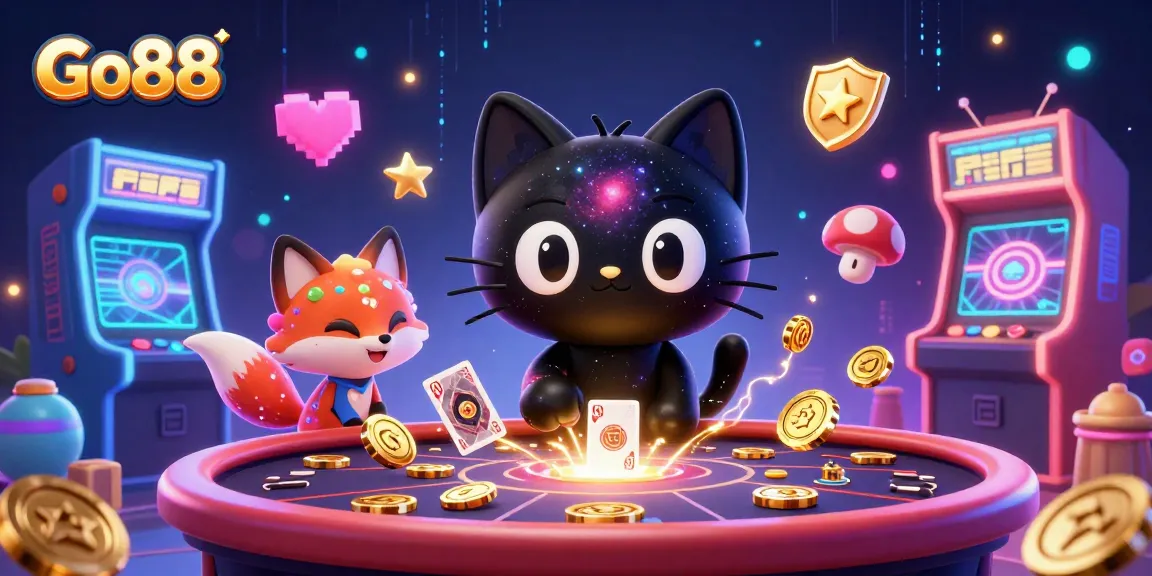 Engage with Go88's cosmic casino table, featuring colorful characters amidst vibrant game elements.
